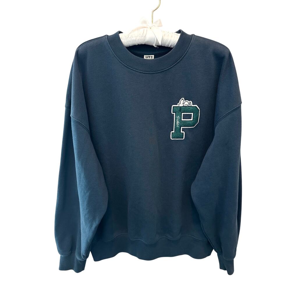 UNIQLO UT Peanuts Snoopy Varsity P Crewneck Graphic Sweatshirt Navy Blue Large - Picture 2 of 9